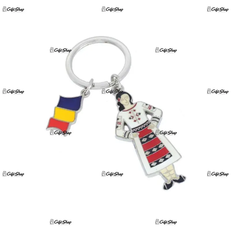 Costum traditional femeie si drapelul romaniei, breloc din metal